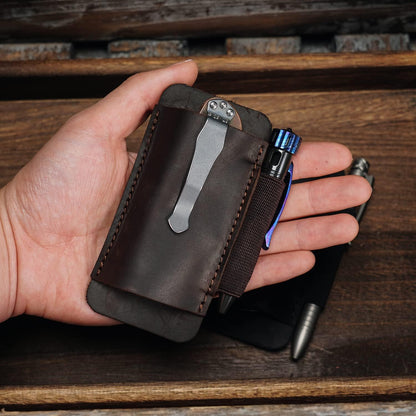 PJ33 Leather Knife Sheath for Belt, Horizontal Carry Pocket Knife Holster with Elastic Pen Holder, Leather Folding Knife Sheath for Men