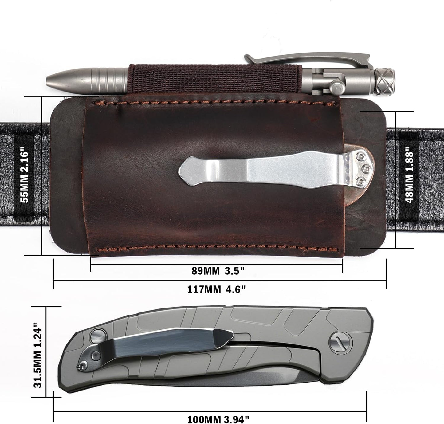 PJ33 Leather Knife Sheath for Belt, Horizontal Carry Pocket Knife Holster with Elastic Pen Holder, Leather Folding Knife Sheath for Men
