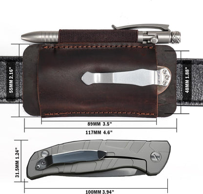 PJ33 Leather Knife Sheath for Belt, Horizontal Carry Pocket Knife Holster with Elastic Pen Holder, Leather Folding Knife Sheath for Men