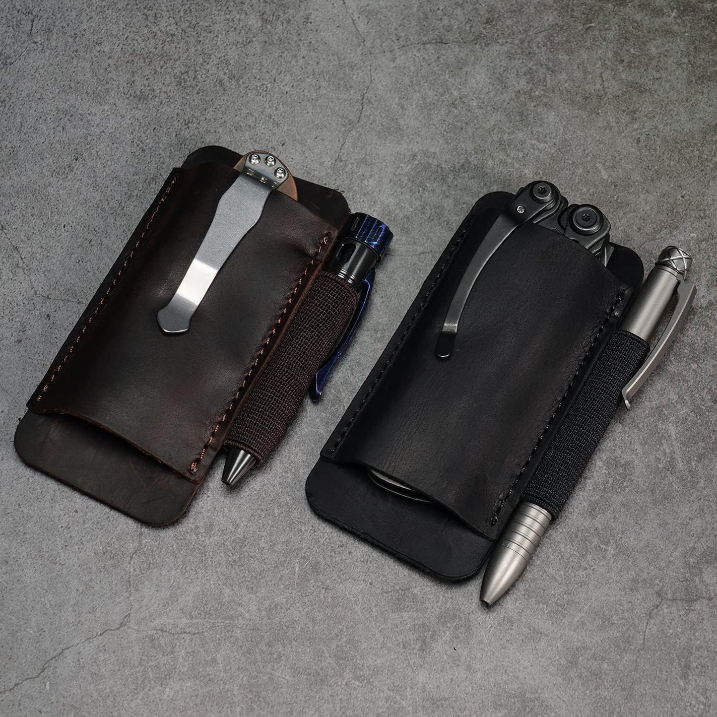 PJ33 Leather Knife Sheath for Belt, Horizontal Carry Pocket Knife Holster with Elastic Pen Holder, Leather Folding Knife Sheath for Men