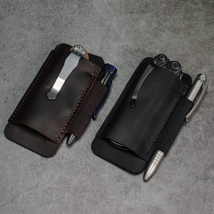 PJ33 Leather Knife Sheath for Belt, Horizontal Carry Pocket Knife Holster with Elastic Pen Holder, Leather Folding Knife Sheath for Men