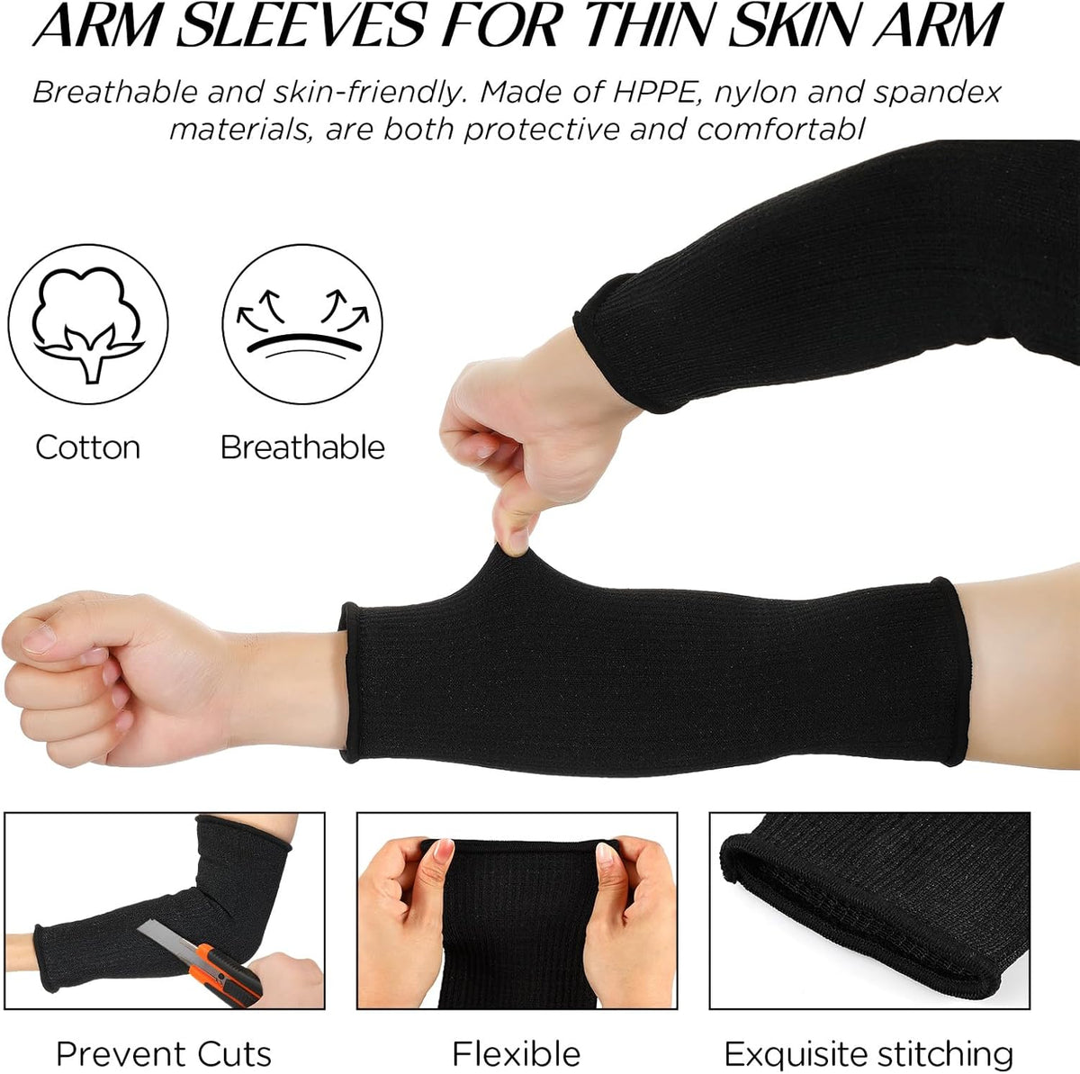 4 Pair Protective Arm Sleeves for Thin Skin Anti-Cut Burn Resistant Cover Forearm Sleeve for Cooking Construction(Black, 11.8 Inch)