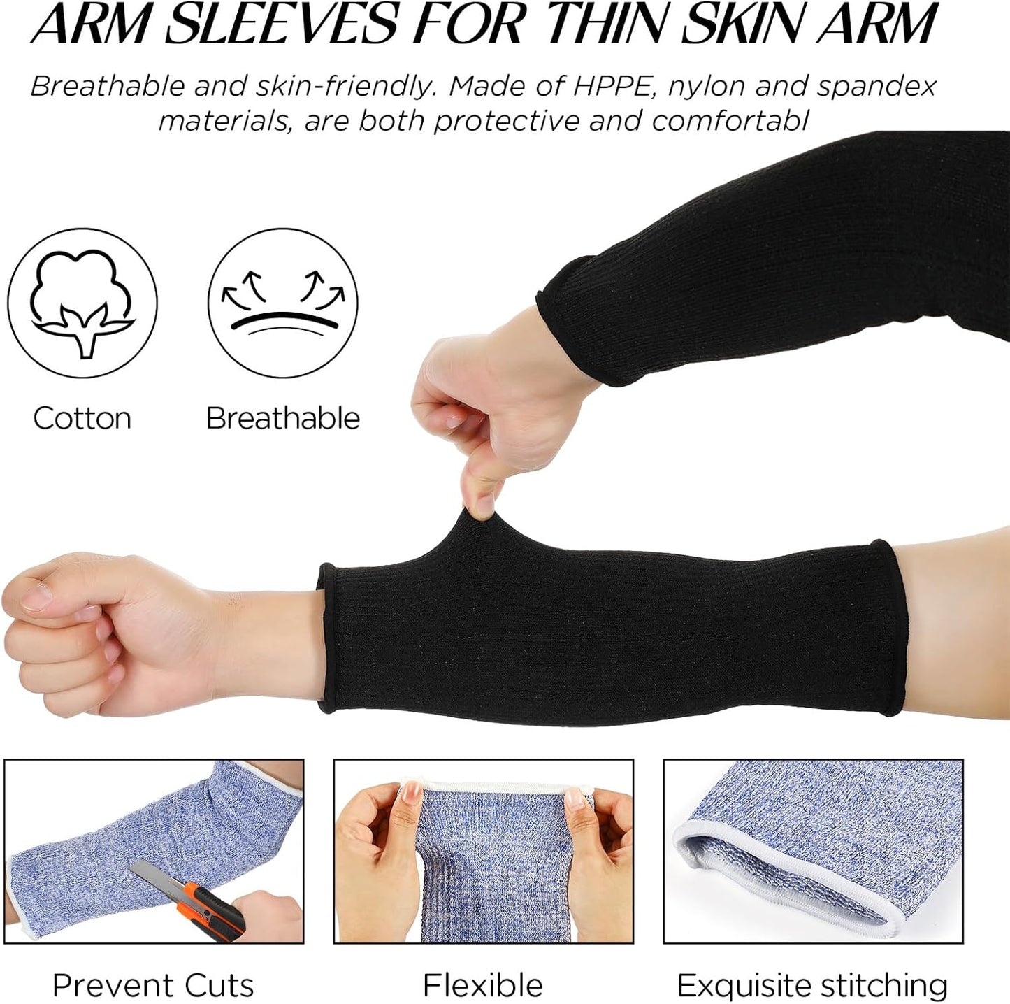 4 Pair Protective Arm Sleeves for Thin Skin Anti-Cut Burn Resistant Cover Forearm Sleeve for Cooking Construction(Black, 11.8 Inch)