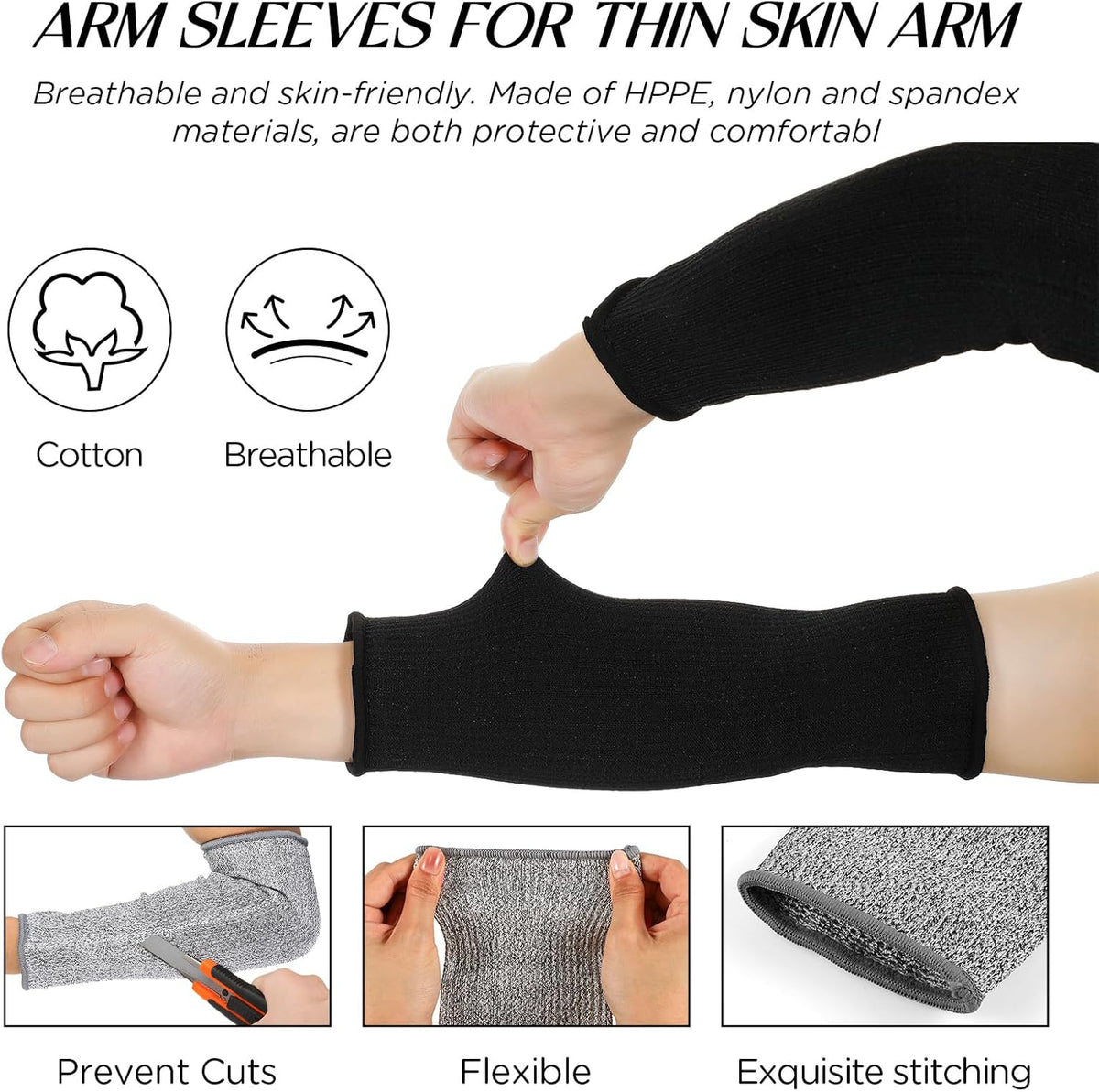 4 Pair Protective Arm Sleeves for Thin Skin Anti-Cut Burn Resistant Cover Forearm Sleeve for Cooking Construction(Black, 11.8 Inch)