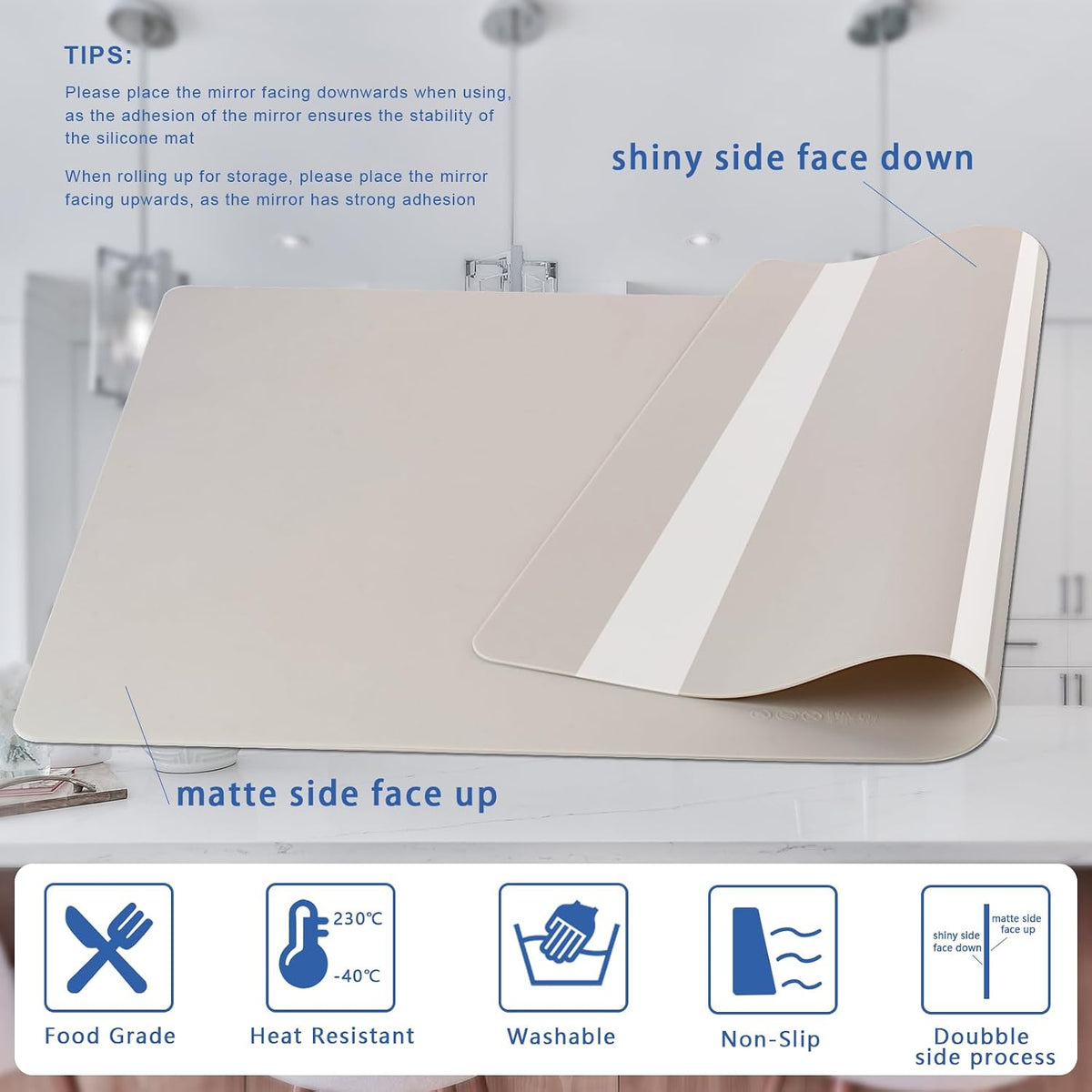 Silicone Placemats, Food-Grade Non-Slip Waterproof, Dining, Countertop Protector, Kitchen Counter Mat, Heat Resistant, Baking mat Dishwasher Safe