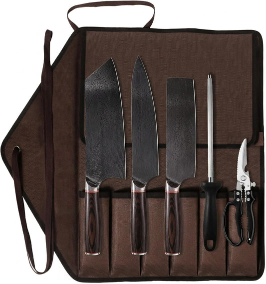 Damascus Steel Butcher Knife Set with Full Tang Blades for Pit Master BBQ Meat Carving, Smoking Meat & Game Processing with Canvas Knife Roll for Camping, Gift for Men