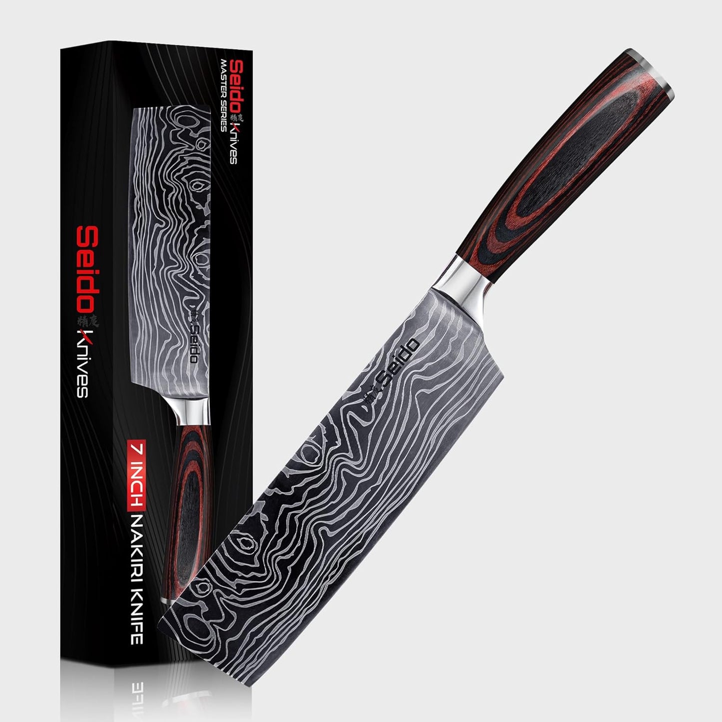 Seido Master 7 Inch Nakiri Knife, High Carbon Steel, Pakkawood Handle | Full-tang vegetable knife with Damascus-pattern blade for chopping, slicing, and precise prep