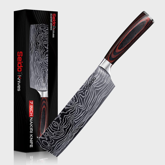 Seido Master 7 Inch Nakiri Knife, High Carbon Steel, Pakkawood Handle | Full-tang vegetable knife with Damascus-pattern blade for chopping, slicing, and precise prep