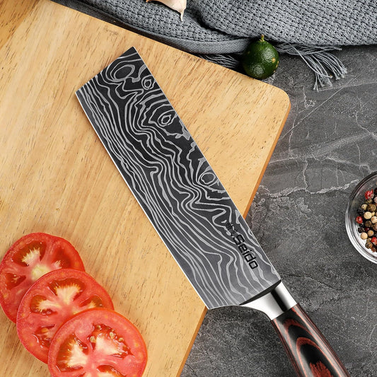 Seido Master 7 Inch Nakiri Knife, High Carbon Steel, Pakkawood Handle | Full-tang vegetable knife with Damascus-pattern blade for chopping, slicing, and precise prep