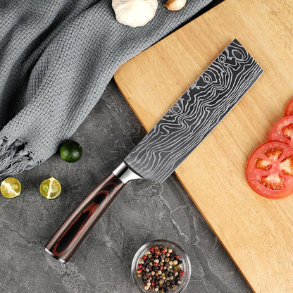 Seido Master 7 Inch Nakiri Knife, High Carbon Steel, Pakkawood Handle | Full-tang vegetable knife with Damascus-pattern blade for chopping, slicing, and precise prep