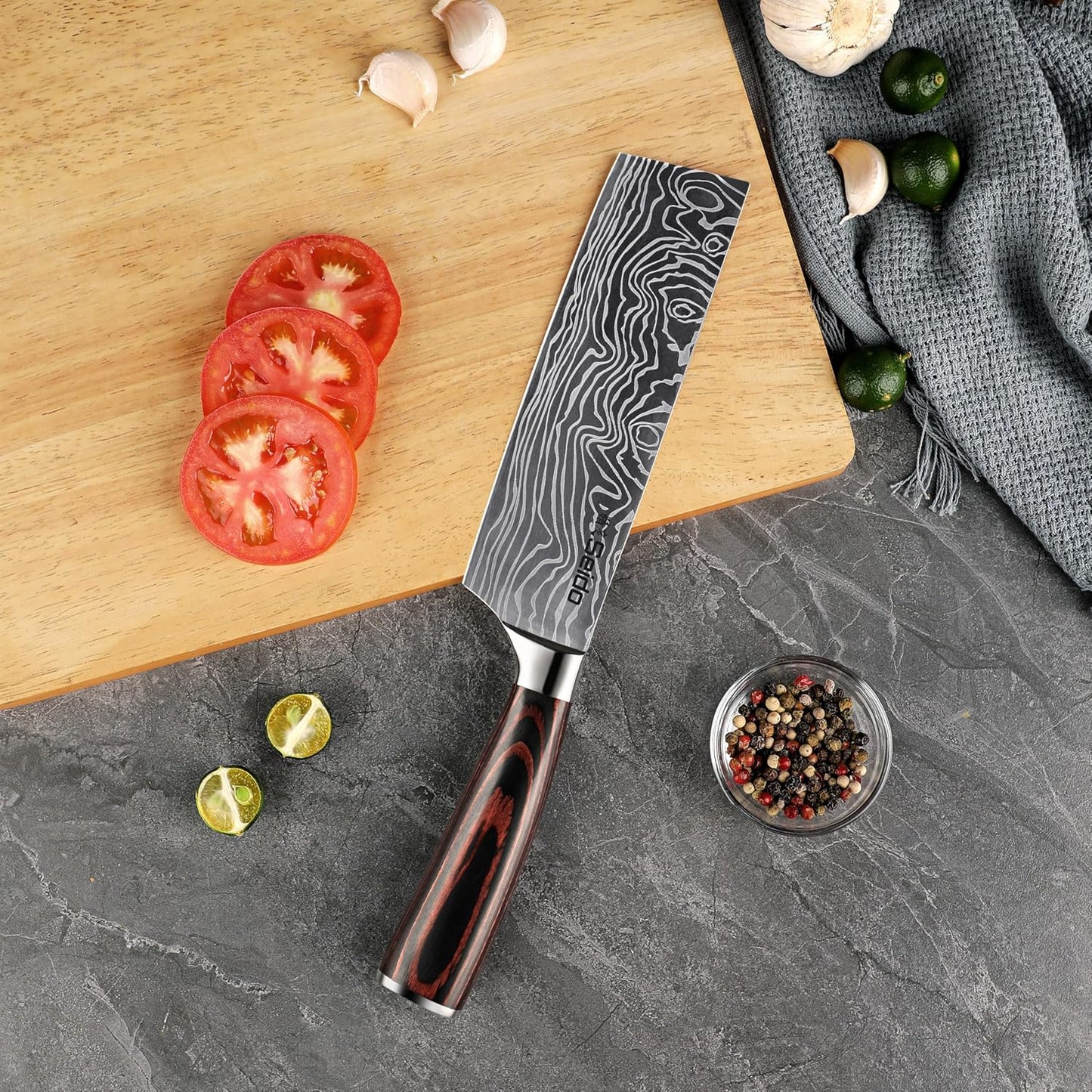 Seido Master 7 Inch Nakiri Knife, High Carbon Steel, Pakkawood Handle | Full-tang vegetable knife with Damascus-pattern blade for chopping, slicing, and precise prep