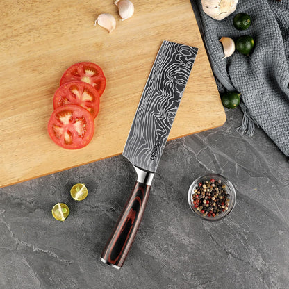 Seido Master 7 Inch Nakiri Knife, High Carbon Steel, Pakkawood Handle | Full-tang vegetable knife with Damascus-pattern blade for chopping, slicing, and precise prep