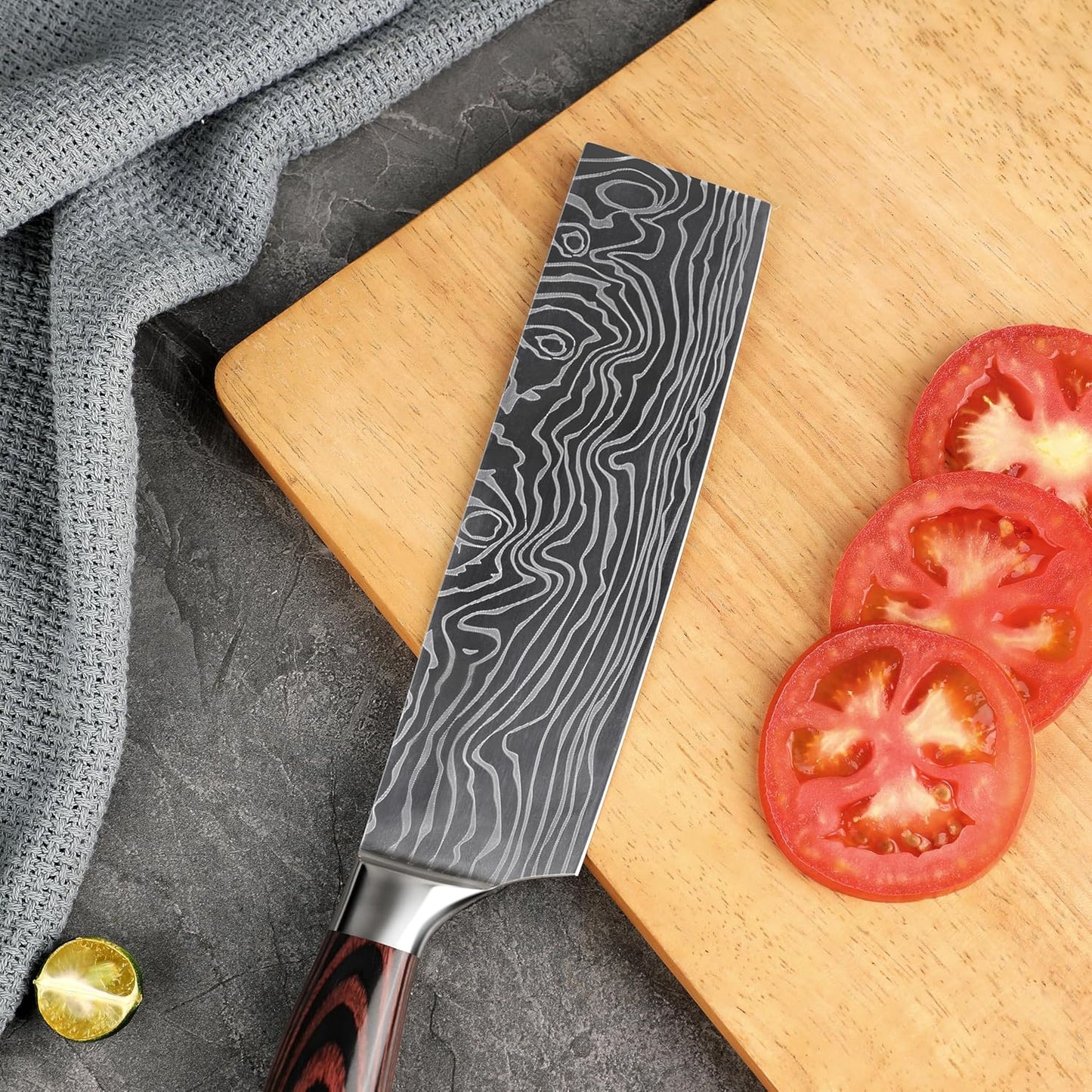 Seido Master 7 Inch Nakiri Knife, High Carbon Steel, Pakkawood Handle | Full-tang vegetable knife with Damascus-pattern blade for chopping, slicing, and precise prep