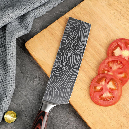 Seido Master 7 Inch Nakiri Knife, High Carbon Steel, Pakkawood Handle | Full-tang vegetable knife with Damascus-pattern blade for chopping, slicing, and precise prep
