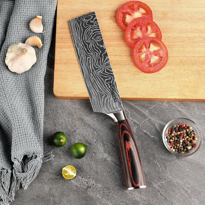 Seido Master 7 Inch Nakiri Knife, High Carbon Steel, Pakkawood Handle | Full-tang vegetable knife with Damascus-pattern blade for chopping, slicing, and precise prep