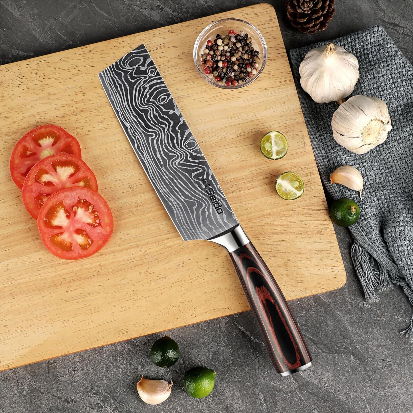 Seido Master 7 Inch Nakiri Knife, High Carbon Steel, Pakkawood Handle | Full-tang vegetable knife with Damascus-pattern blade for chopping, slicing, and precise prep