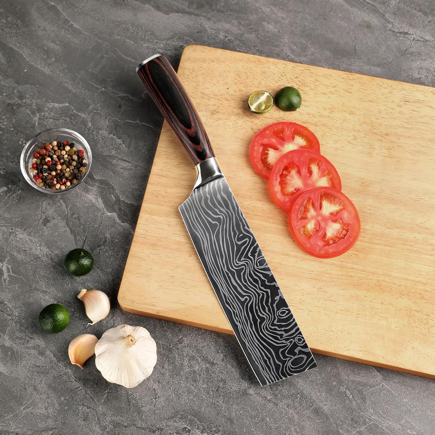 Seido Master 7 Inch Nakiri Knife, High Carbon Steel, Pakkawood Handle | Full-tang vegetable knife with Damascus-pattern blade for chopping, slicing, and precise prep