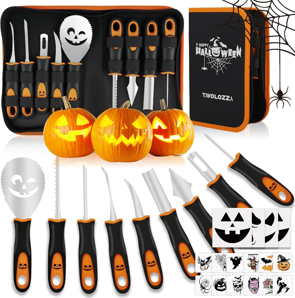 Professional Pumpkin Carving Kit, 26 PCS Heavy Duty Stainless Steel Tools with 9 Knives, Saw & Scoop, Halloween Carving Set with Stencils for Adults & Kids to DIY Jack-o-Lanterns