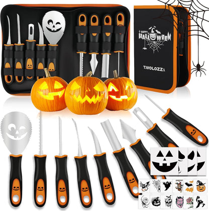 Professional Pumpkin Carving Kit, 26 PCS Heavy Duty Stainless Steel Tools with 9 Knives, Saw & Scoop, Halloween Carving Set with Stencils for Adults & Kids to DIY Jack-o-Lanterns