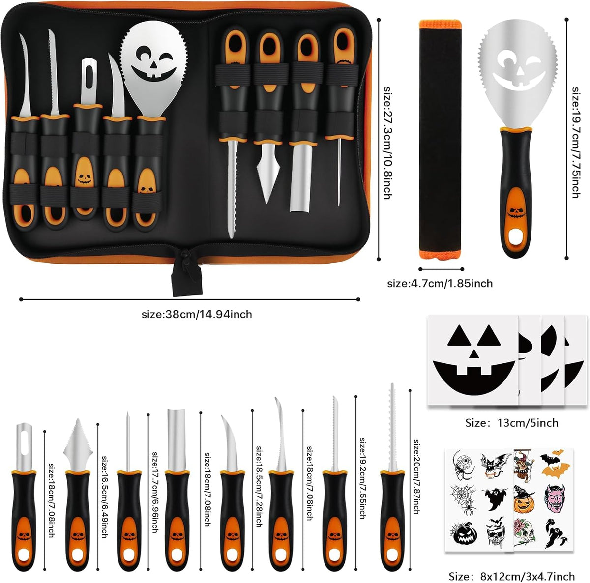Professional Pumpkin Carving Kit, 26 PCS Heavy Duty Stainless Steel Tools with 9 Knives, Saw & Scoop, Halloween Carving Set with Stencils for Adults & Kids to DIY Jack-o-Lanterns