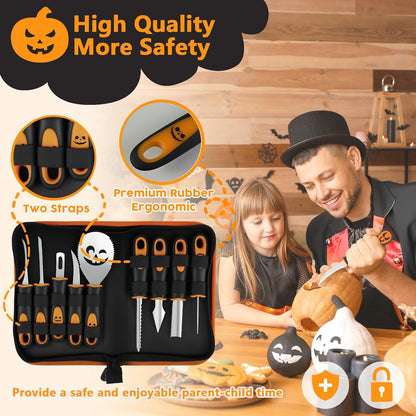 Professional Pumpkin Carving Kit, 26 PCS Heavy Duty Stainless Steel Tools with 9 Knives, Saw & Scoop, Halloween Carving Set with Stencils for Adults & Kids to DIY Jack-o-Lanterns