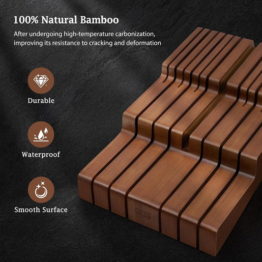 In-Drawer Knife Block, Bamboo Knife Drawer Organizer for 12 Knives | Large Knife Organizer Block, Kitchen Steak Knife Holder for Sharpening Steel, Brown (Knives & Sharpening Not Included)
