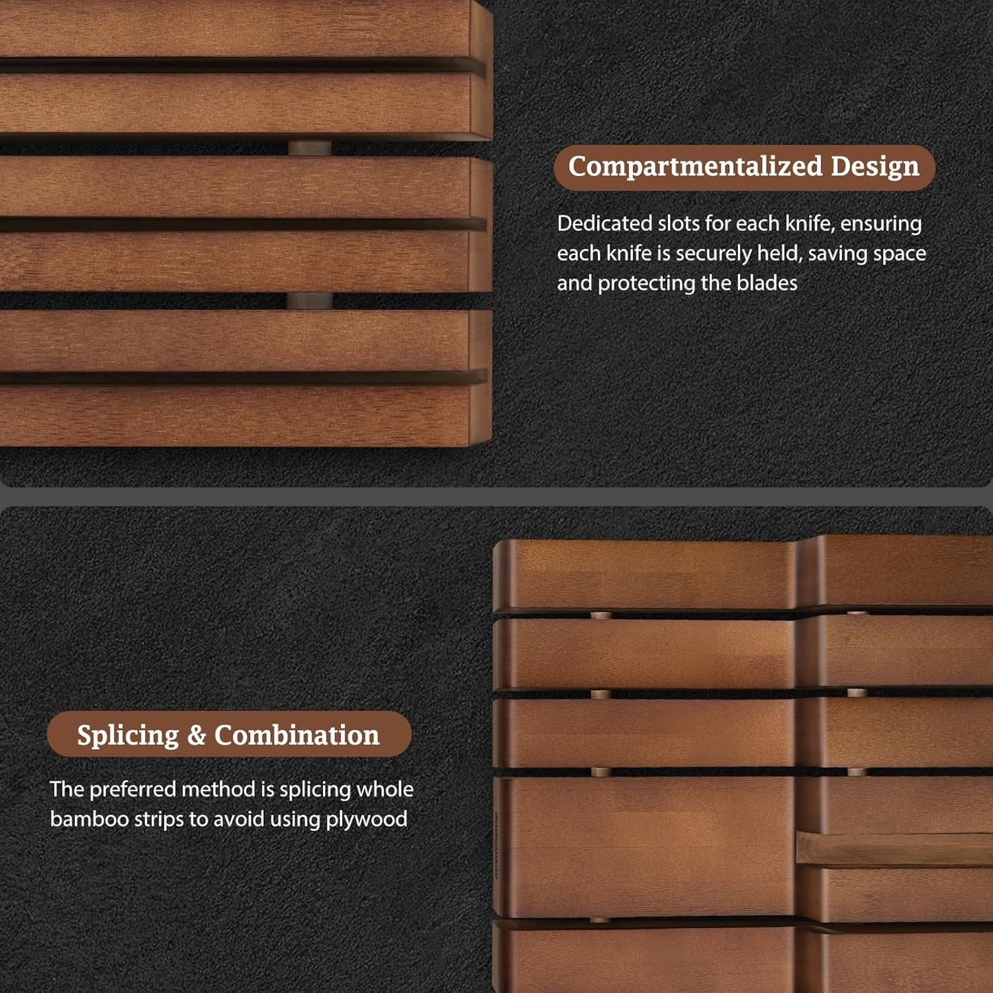 In-Drawer Knife Block, Bamboo Knife Drawer Organizer for 12 Knives | Large Knife Organizer Block, Kitchen Steak Knife Holder for Sharpening Steel, Brown (Knives & Sharpening Not Included)