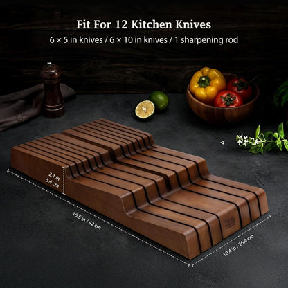 In-Drawer Knife Block, Bamboo Knife Drawer Organizer for 12 Knives | Large Knife Organizer Block, Kitchen Steak Knife Holder for Sharpening Steel, Brown (Knives & Sharpening Not Included)