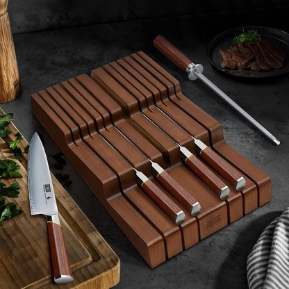 In-Drawer Knife Block, Bamboo Knife Drawer Organizer for 12 Knives | Large Knife Organizer Block, Kitchen Steak Knife Holder for Sharpening Steel, Brown (Knives & Sharpening Not Included)