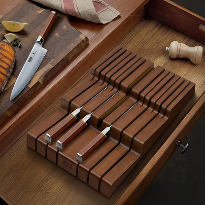 In-Drawer Knife Block, Bamboo Knife Drawer Organizer for 12 Knives | Large Knife Organizer Block, Kitchen Steak Knife Holder for Sharpening Steel, Brown (Knives & Sharpening Not Included)