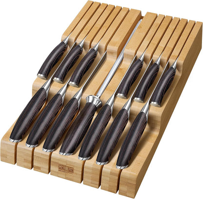 In-Drawer Knife Block, Bamboo Knife Drawer Organizer for 12 Knives | Large Knife Organizer Block, Kitchen Steak Knife Holder for Sharpening Steel, Brown (Knives & Sharpening Not Included)