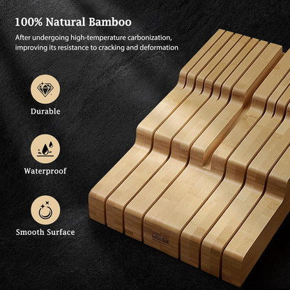In-Drawer Knife Block, Bamboo Knife Drawer Organizer for 12 Knives | Large Knife Organizer Block, Kitchen Steak Knife Holder for Sharpening Steel, Brown (Knives & Sharpening Not Included)