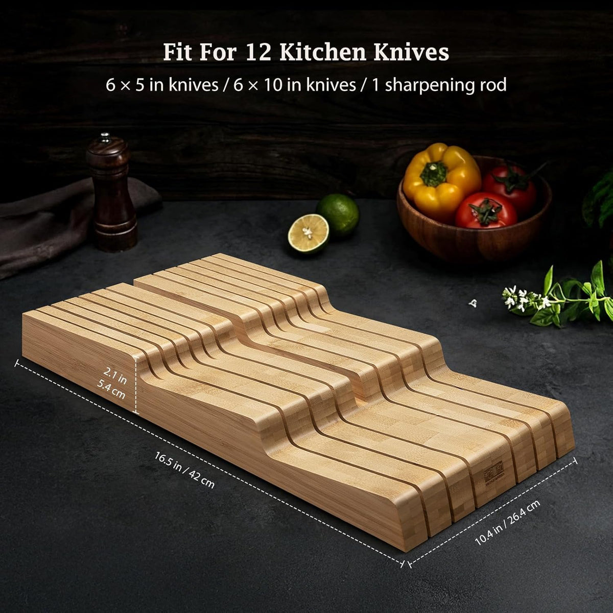 In-Drawer Knife Block, Bamboo Knife Drawer Organizer for 12 Knives | Large Knife Organizer Block, Kitchen Steak Knife Holder for Sharpening Steel, Brown (Knives & Sharpening Not Included)