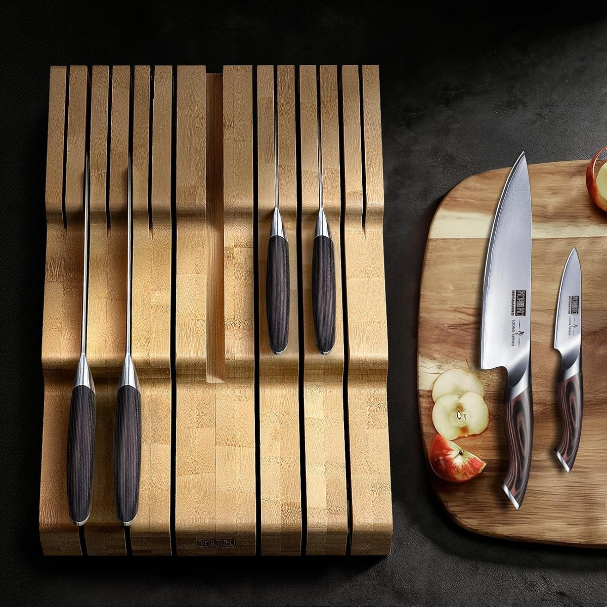 In-Drawer Knife Block, Bamboo Knife Drawer Organizer for 12 Knives | Large Knife Organizer Block, Kitchen Steak Knife Holder for Sharpening Steel, Brown (Knives & Sharpening Not Included)