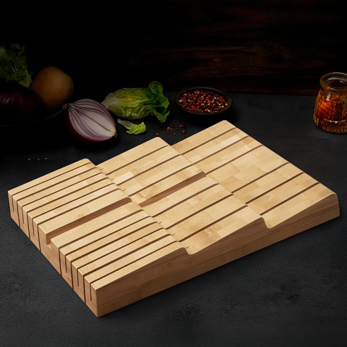 In-Drawer Knife Block, Bamboo Knife Drawer Organizer for 12 Knives | Large Knife Organizer Block, Kitchen Steak Knife Holder for Sharpening Steel, Brown (Knives & Sharpening Not Included)