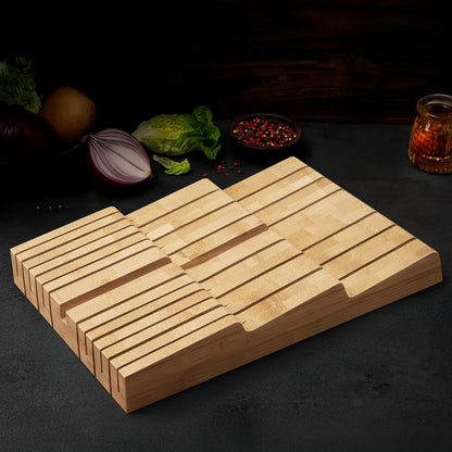 In-Drawer Knife Block, Bamboo Knife Drawer Organizer for 12 Knives | Large Knife Organizer Block, Kitchen Steak Knife Holder for Sharpening Steel, Brown (Knives & Sharpening Not Included)