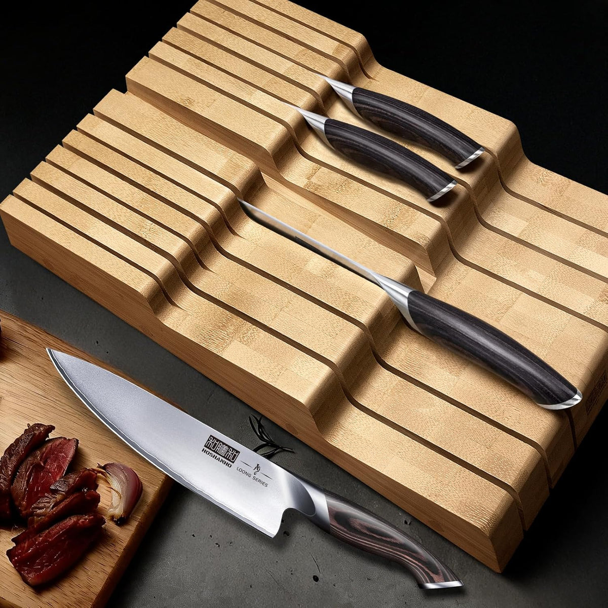 In-Drawer Knife Block, Bamboo Knife Drawer Organizer for 12 Knives | Large Knife Organizer Block, Kitchen Steak Knife Holder for Sharpening Steel, Brown (Knives & Sharpening Not Included)