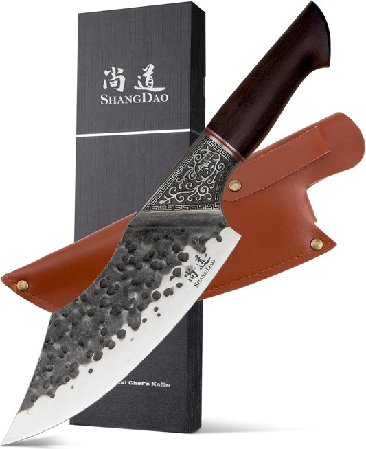 7" Chef Knife - Butcher Knife for Meat, Japanese High Carbon Meat Cleaver Knife, Hand Forged Meat Cutting Knife, Ultra Sharp Kitchen Knife for Home, Camping BBQ Cooking Knife