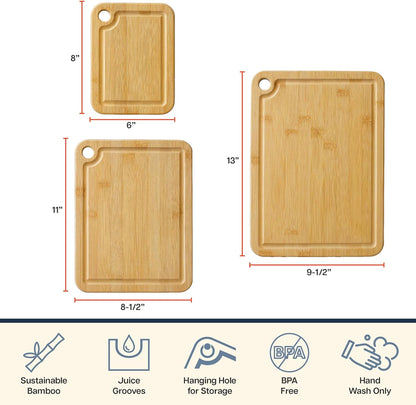 Cutting Boards for Kitchen with Juice Groove, Set of 3 – Bamboo Wood Cutting Board Set in Small, Medium & Large Sizes