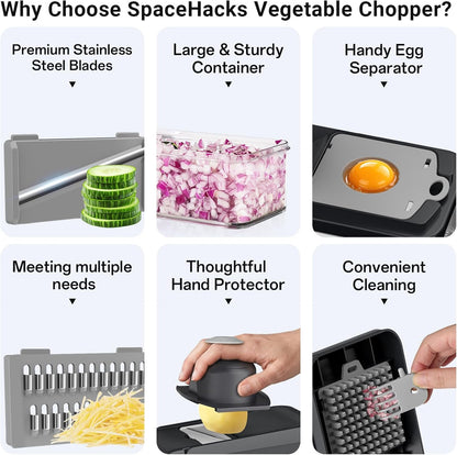 12-in-1 Vegetable Chopper with 7 Blades, Food Veggie Cutter, Mandoline Gray | Includes Egg Separator, Food Container and Finger Guard, Non-slip Base, for Chopping, Slicing, Shredding, and Mincing