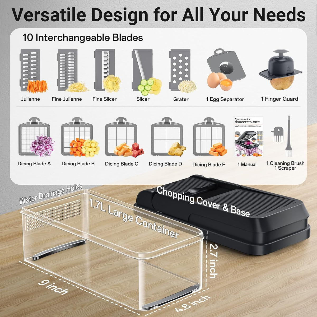 12-in-1 Vegetable Chopper with 7 Blades, Food Veggie Cutter, Mandoline Gray | Includes Egg Separator, Food Container and Finger Guard, Non-slip Base, for Chopping, Slicing, Shredding, and Mincing