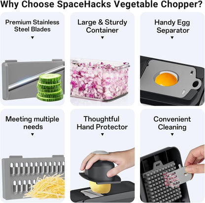 12-in-1 Vegetable Chopper with 7 Blades, Food Veggie Cutter, Mandoline Gray | Includes Egg Separator, Food Container and Finger Guard, Non-slip Base, for Chopping, Slicing, Shredding, and Mincing