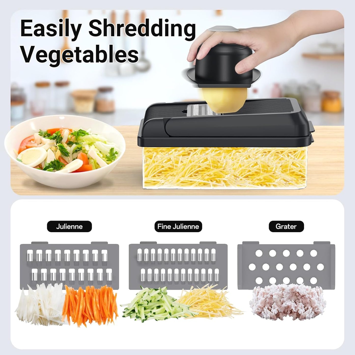 12-in-1 Vegetable Chopper with 7 Blades, Food Veggie Cutter, Mandoline Gray | Includes Egg Separator, Food Container and Finger Guard, Non-slip Base, for Chopping, Slicing, Shredding, and Mincing
