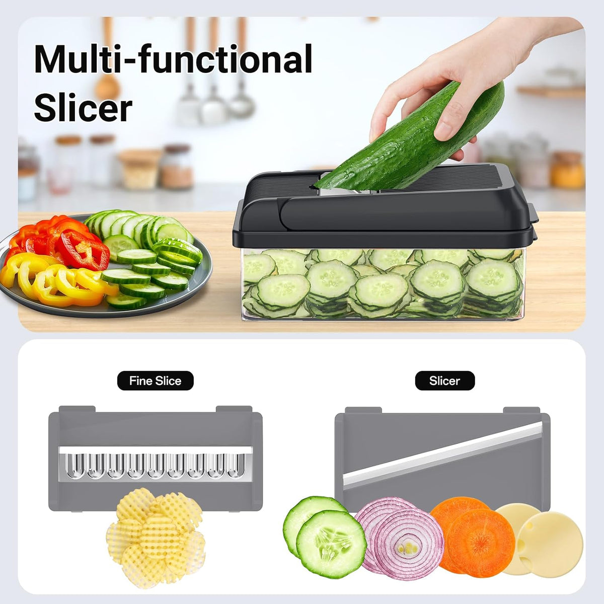 12-in-1 Vegetable Chopper with 7 Blades, Food Veggie Cutter, Mandoline Gray | Includes Egg Separator, Food Container and Finger Guard, Non-slip Base, for Chopping, Slicing, Shredding, and Mincing