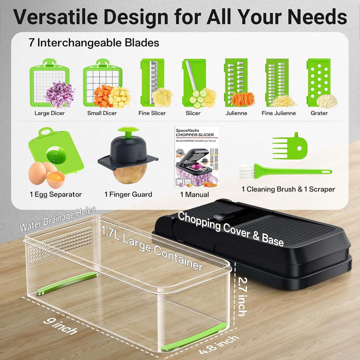12-in-1 Vegetable Chopper with 7 Blades, Food Veggie Cutter, Mandoline Gray | Includes Egg Separator, Food Container and Finger Guard, Non-slip Base, for Chopping, Slicing, Shredding, and Mincing