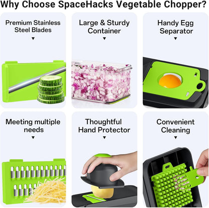 12-in-1 Vegetable Chopper with 7 Blades, Food Veggie Cutter, Mandoline Gray | Includes Egg Separator, Food Container and Finger Guard, Non-slip Base, for Chopping, Slicing, Shredding, and Mincing