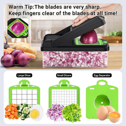 12-in-1 Vegetable Chopper with 7 Blades, Food Veggie Cutter, Mandoline Gray | Includes Egg Separator, Food Container and Finger Guard, Non-slip Base, for Chopping, Slicing, Shredding, and Mincing