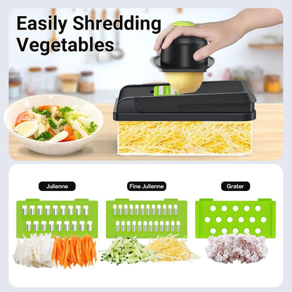 12-in-1 Vegetable Chopper with 7 Blades, Food Veggie Cutter, Mandoline Gray | Includes Egg Separator, Food Container and Finger Guard, Non-slip Base, for Chopping, Slicing, Shredding, and Mincing