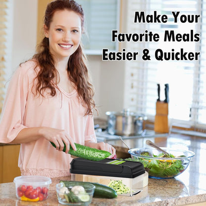 12-in-1 Vegetable Chopper with 7 Blades, Food Veggie Cutter, Mandoline Gray | Includes Egg Separator, Food Container and Finger Guard, Non-slip Base, for Chopping, Slicing, Shredding, and Mincing