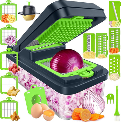 12-in-1 Vegetable Chopper with 7 Blades, Food Veggie Cutter, Mandoline Gray | Includes Egg Separator, Food Container and Finger Guard, Non-slip Base, for Chopping, Slicing, Shredding, and Mincing